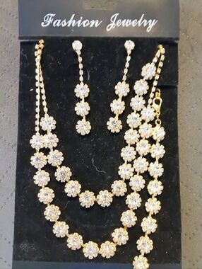Gold Tone Rhinestone Tennis Necklace Bracelet Earrings Set Bridal Prom Sparkly